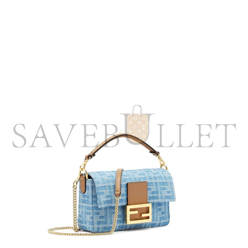 FENDI BAGUETTE MINI BAG LIGHT BLUE FF DENIM HANDBAG 8BS017AS3FF1PLM (19.5*11*5cm)